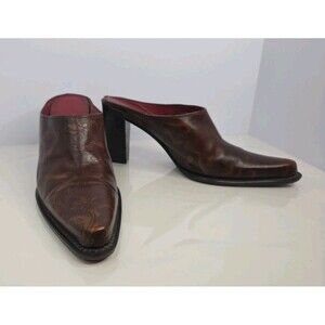 Donald Pliner Rich Brown Embossed Leather Point Toe Western Mules 7.5 Block Heel